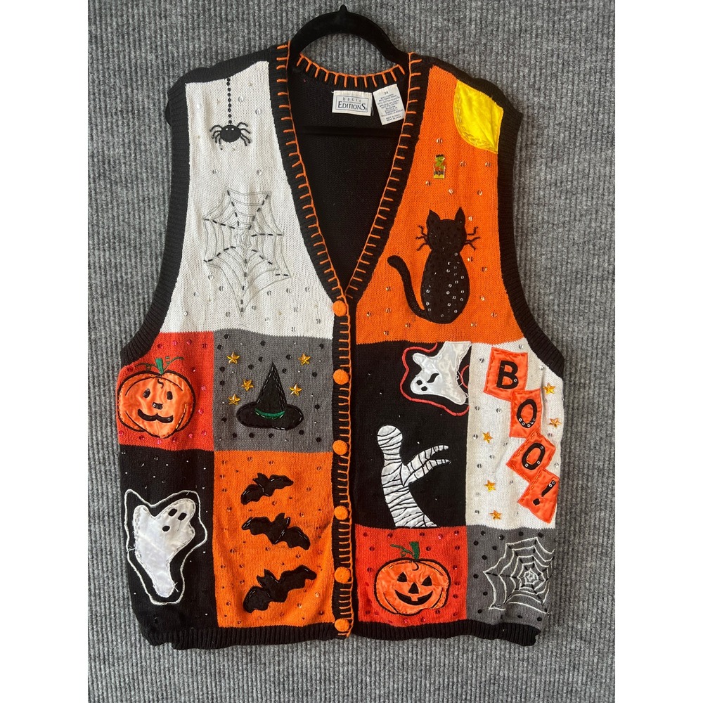 90s Halloween Patchwork Sweater Vest Cat Ghost Pumpkin 3X Basic Editions